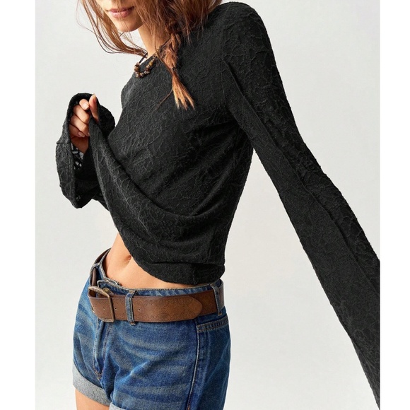 Solid lace Fitted Long Bell Sleeve Top - Picture 4 of 12